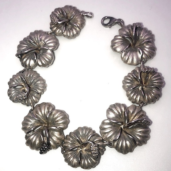 VTG Sterling Hibiscus Flower Link Floral Hawaiian Fetish Bracelet 8” / HEAVY 39g - Picture 1 of 10